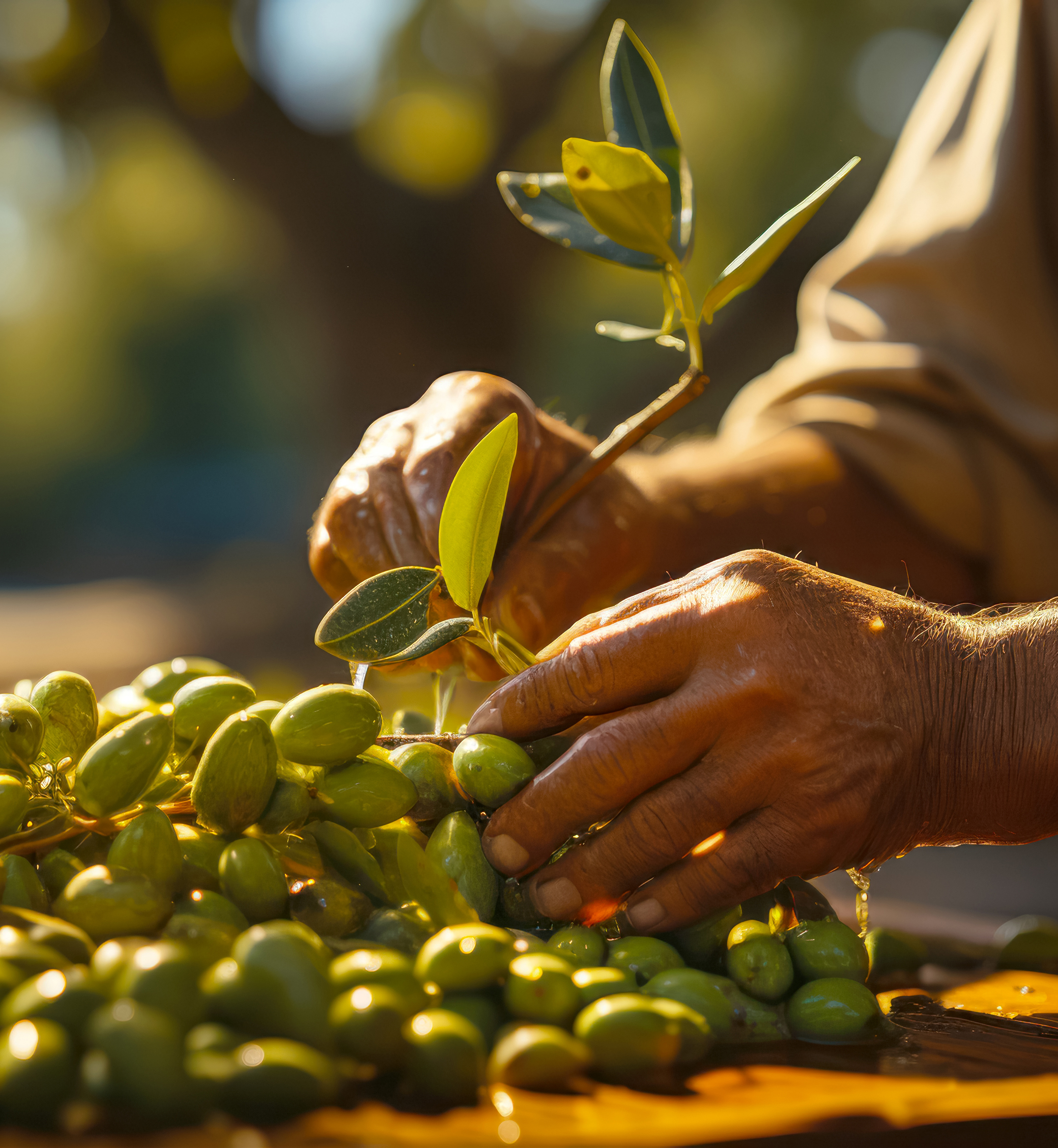 Farmer sorting fresh olives before preparing olive oil, close-up on hands, harvest